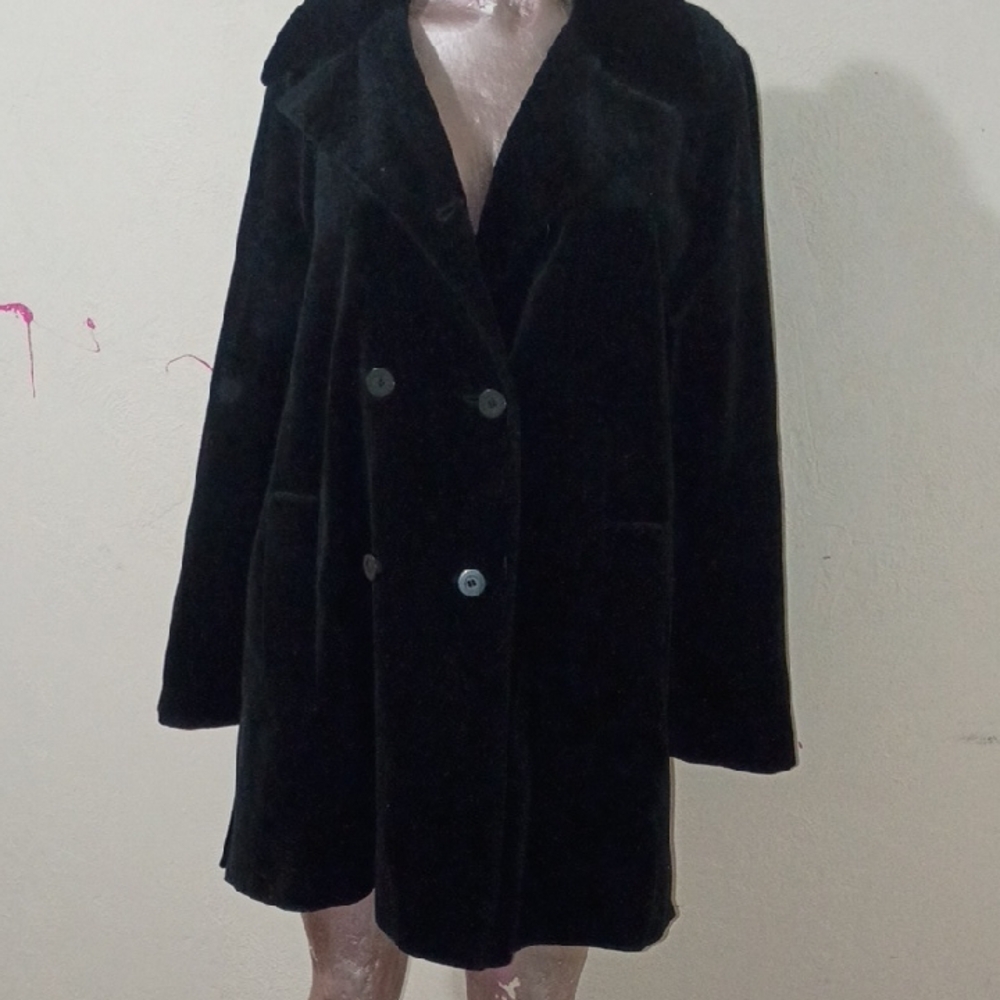 Kristen Blake Black Velvet Double-Breasted Pea Coat